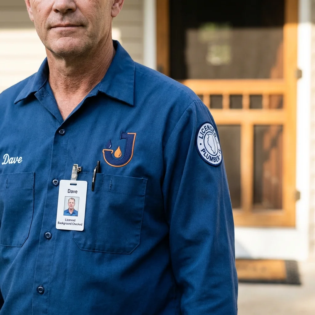 Licensed plumber showing ID badge in West Columbia, TX