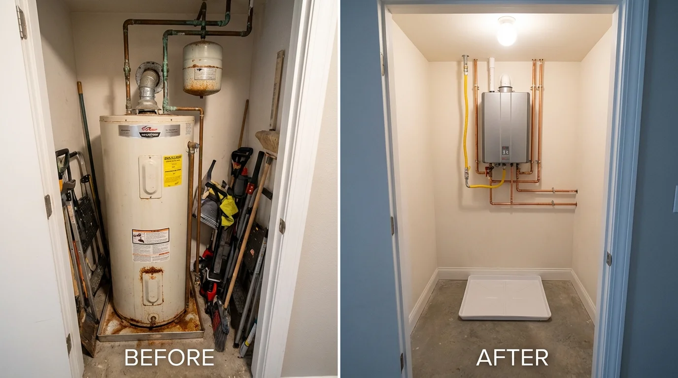 Tank water heater versus wall-mounted tankless unit comparison for West Columbia, TX homeowners