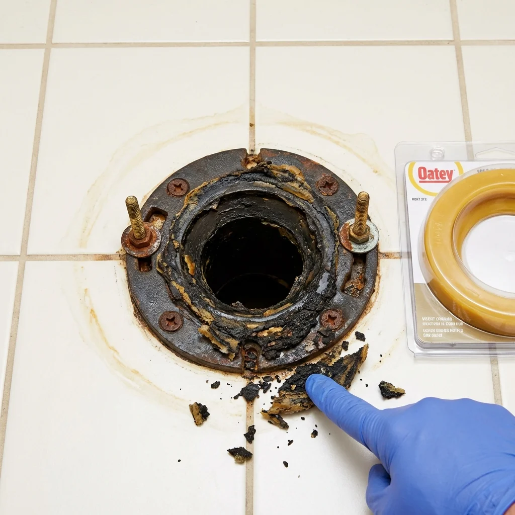 Failed wax ring showing water seepage at the base of a toilet in a West Columbia, TX home