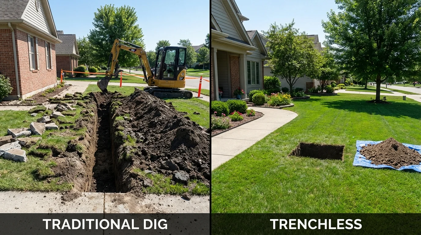 Trenchless sewer repair with minimal yard damage versus traditional excavation in West Columbia, TX