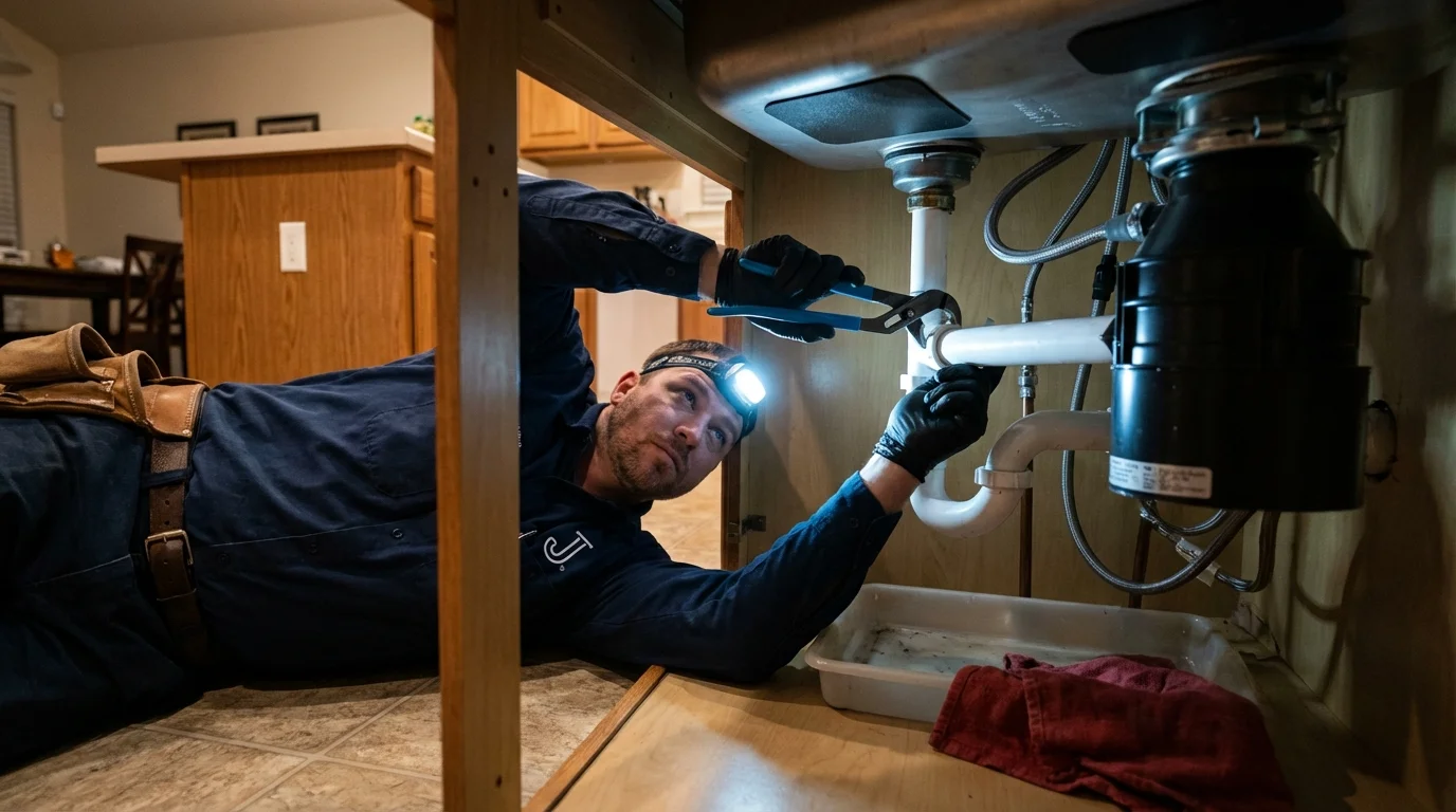 P-trap and supply line connections under a kitchen sink showing a common leak point in West Columbia, TX